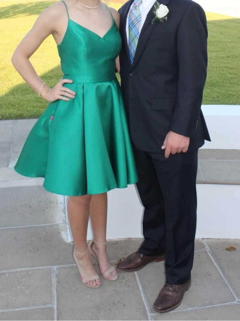 Jovani Emerald Green Satin Fit-and-Flare Spaghetti Strap Dress